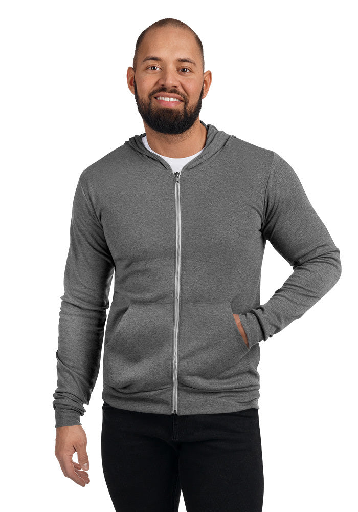 Blank Hoodie - Unisex Triblend Lightweight Zip Hoodie - Gray