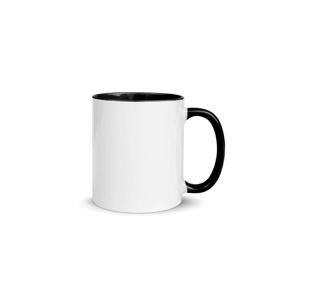 White ceramic blank coffee mug with black rim, handle, and inside