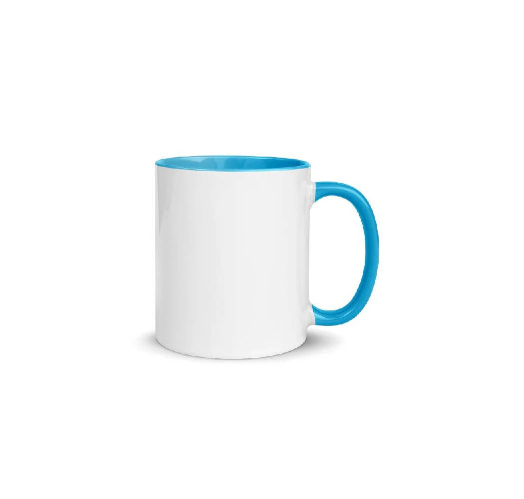 White ceramic blank coffee mug with light blue rim, handle, and inside