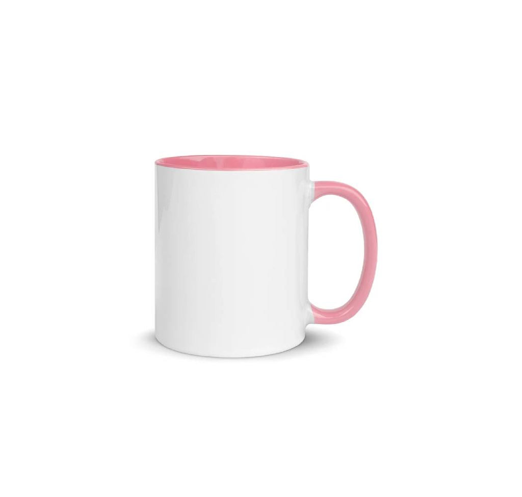 White ceramic blank coffee mug with pink rim, handle, and inside