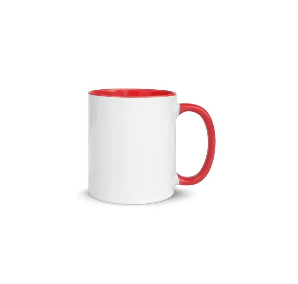 White ceramic blank coffee mug with red rim, handle, and inside