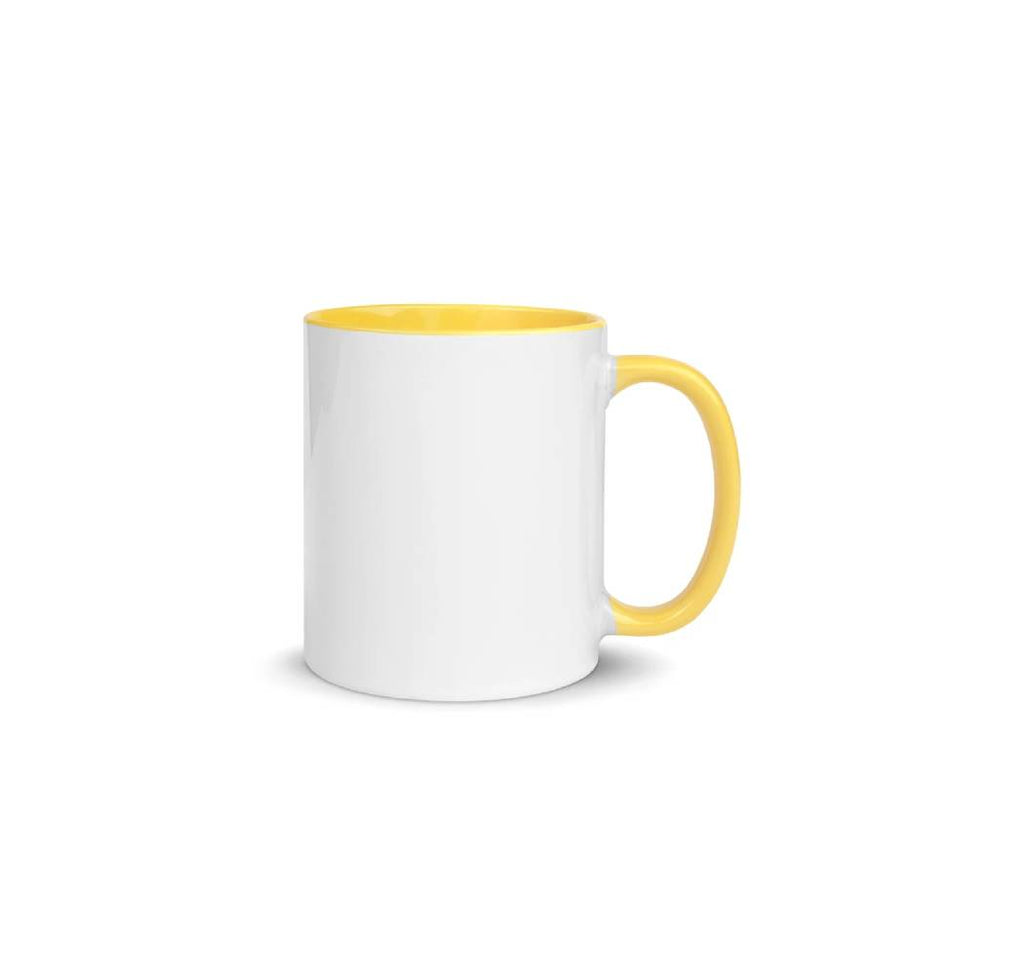 White ceramic blank coffee mug with yellow rim, handle, and inside